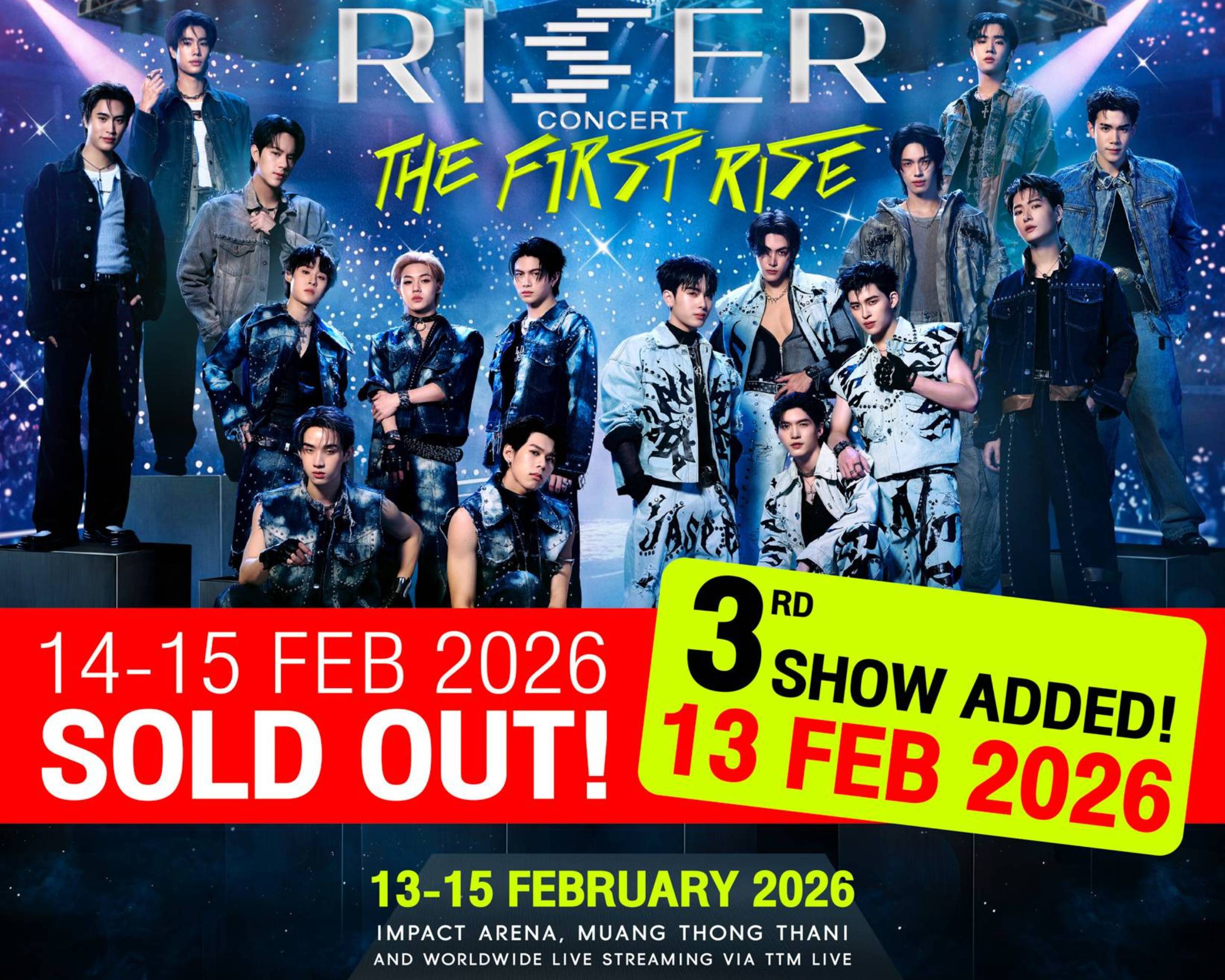 “RISER MUSIC” ร้อนแรง ไฟลุก สะเทือน T-POP ประกาศเพิ่มรอบ “RISER CONCERT : THE FIRST RISE” 13 ก.พ.2569 กดบัตรได้แล้ววันนี้ (21 ธ.ค.) เวลา 13.00 น.
